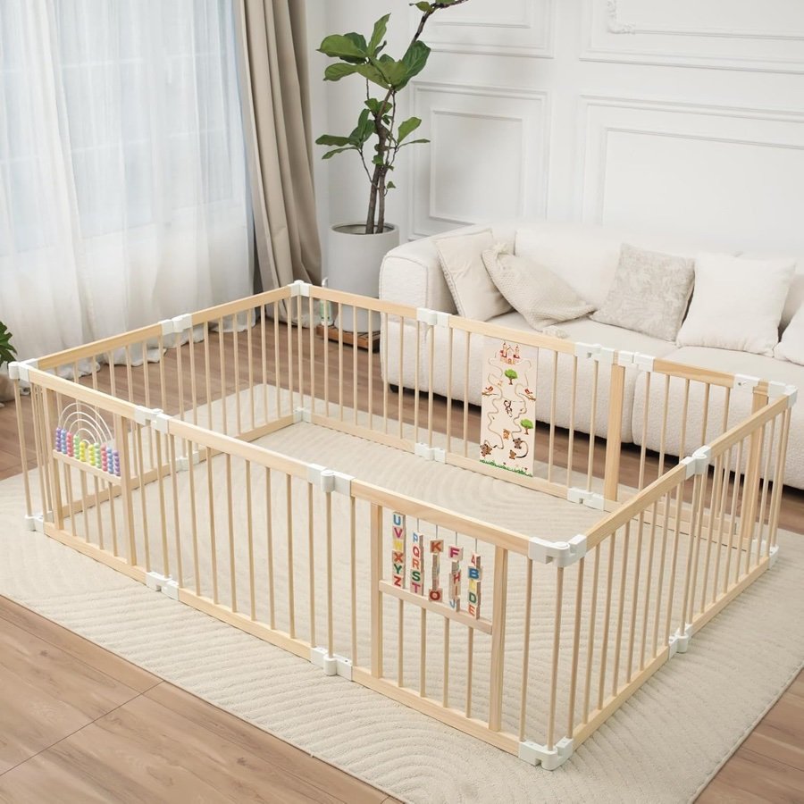 Ulnxiy 84-inch foldable wooden baby playpen with 10 panels